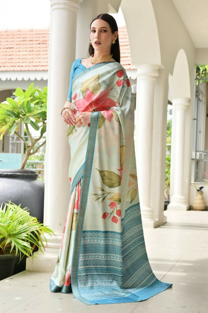 Vishnu Weaves Women's Firozi Satin Silk Printed Saree with Blouse - Swadesiicart