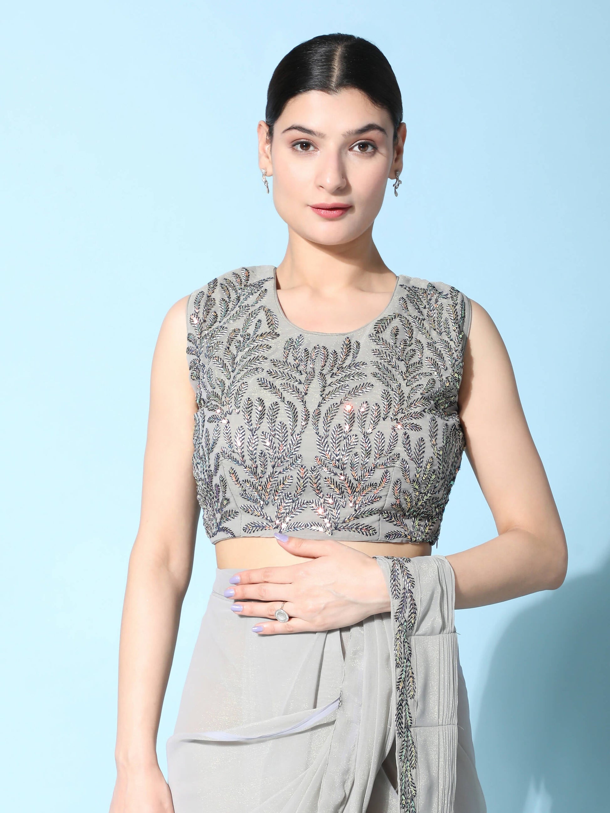 Grey Fancy Pure Fabric Plain Ready to wear Saree with stitched Blouse - Vrinda | Swadesiicart