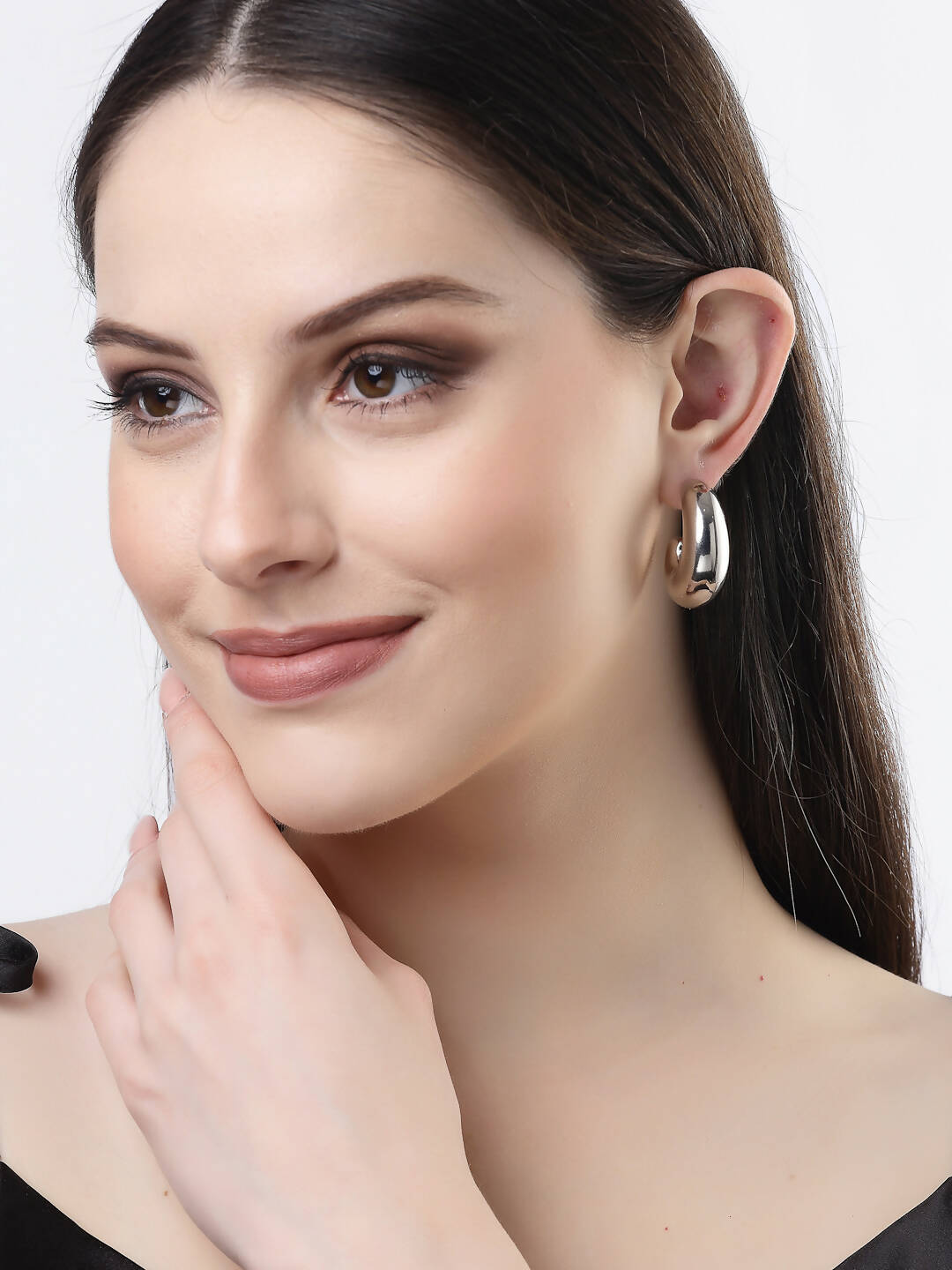 NVR Women Silver-Plated Circular-Shaped Half Hoop Earrings | Swadesiicart