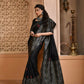 Vishnu Weaves Women's Black Handloom Raw Silk Woven Border Saree with Unstitched Blouse - Swadesiicart
