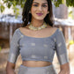 Vishnu Weaves Women's Grey Pure Cotton Zari Woven Saree with Blouse - Swadesiicart