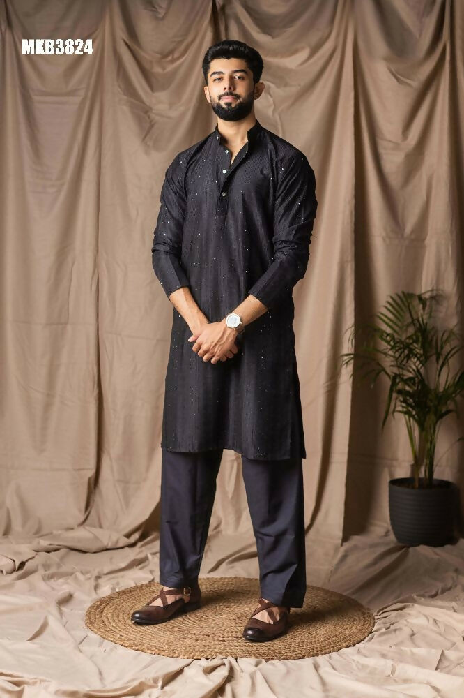 Black Rayon Thread Embroidery Work Kurta Set - Mahotsav