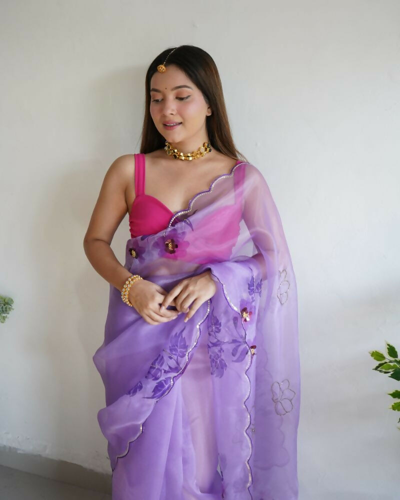 Vamsee Mudra Purple Organza Saree - Swadesiicart