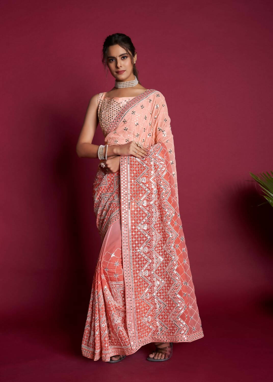Vamsee Peach & White Georgette Designer Saree - Swadesiicart
