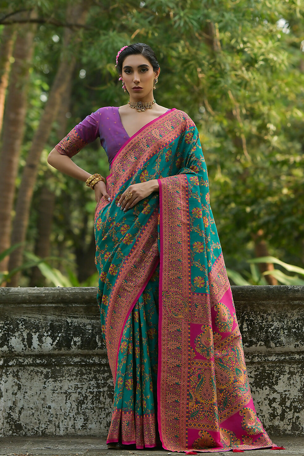 Vishnu Weaves Women's Rama Pashmina Silk Thread Woven Saree with Blouse - Swadesiicart
