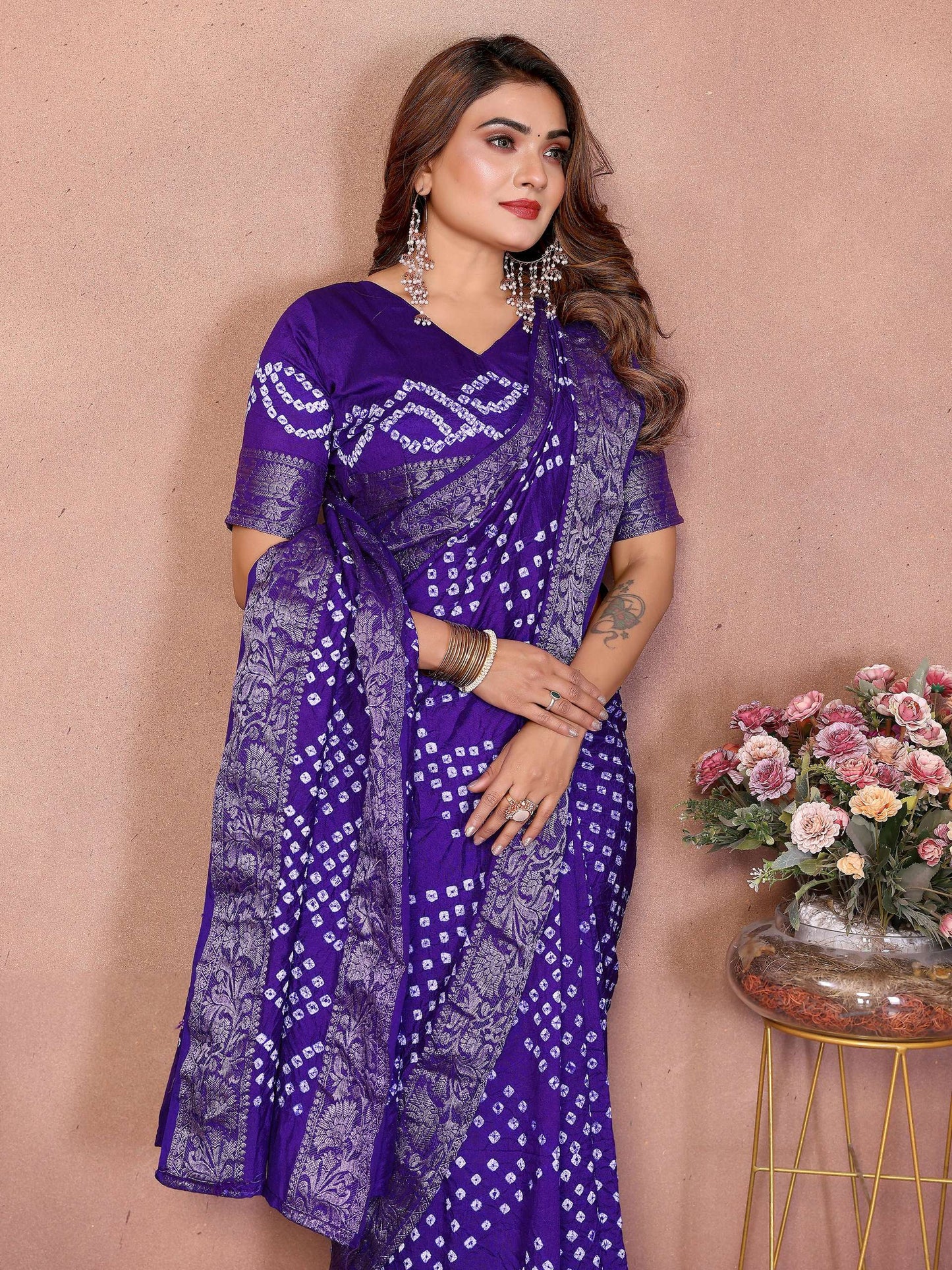 Aastha Fashion Purple Pure Dola Silk Handmade Original Bandhej Saree