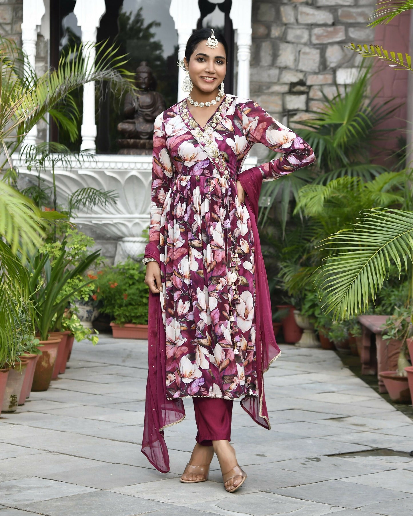 Vaasva Women's Chinon Emboidered Angrakha Anarkali Set With Solid Pant & Solid Embroidered Dupatta | Swadesiicart