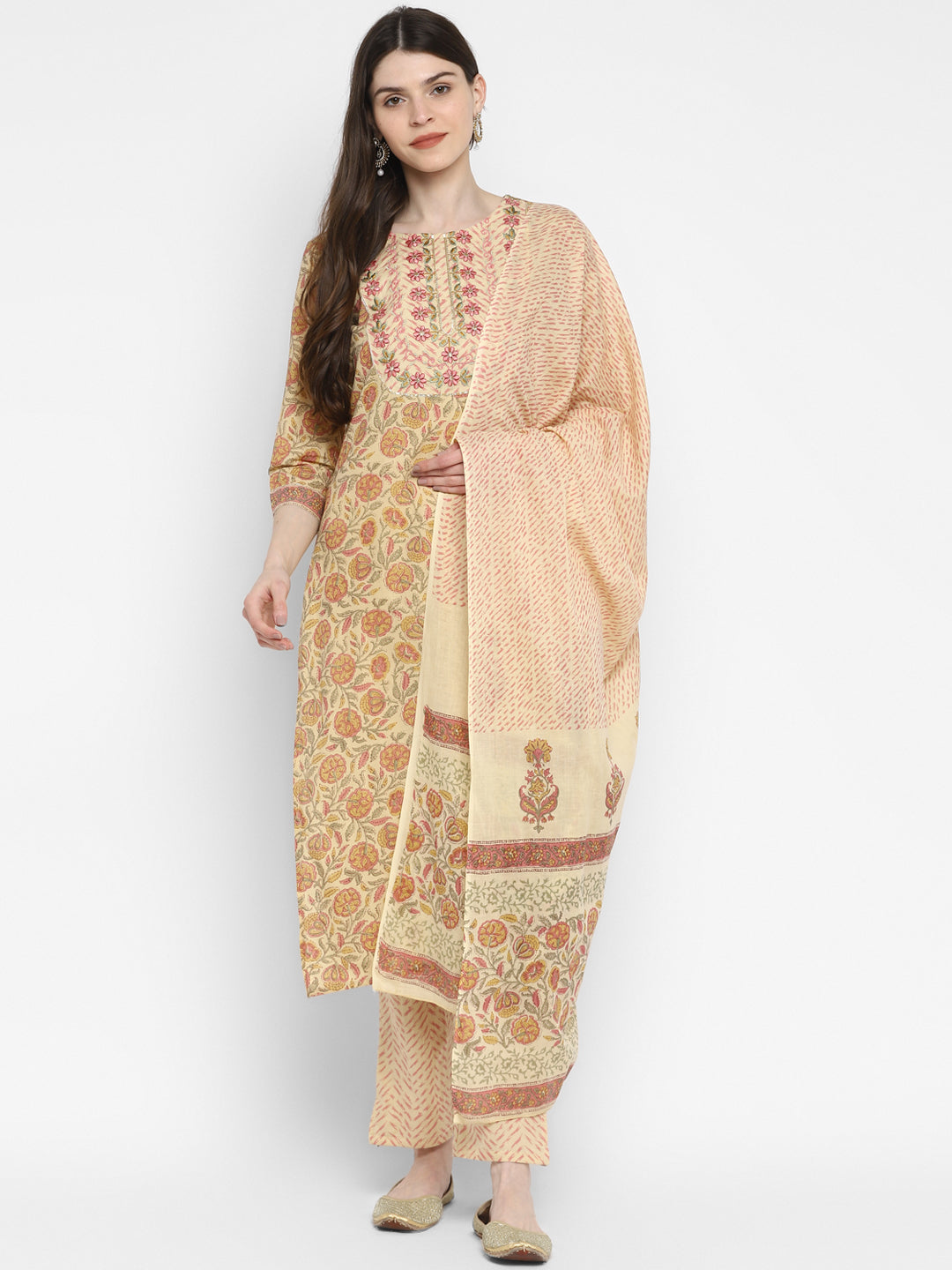 NOZ2TOZ Women Cream Cotton Kurta with Pant & Dupatta (3pcs Set) - Noz2Toz