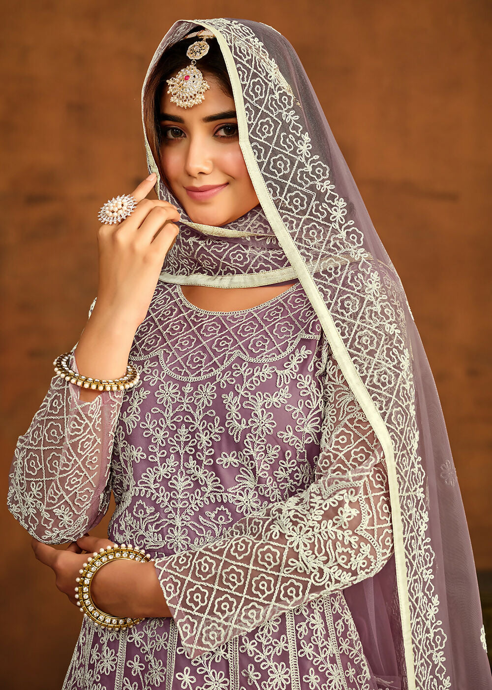 Purple All Over Embroidered Net Wedding Anarkali Suit - Emponline | Swadesiicart