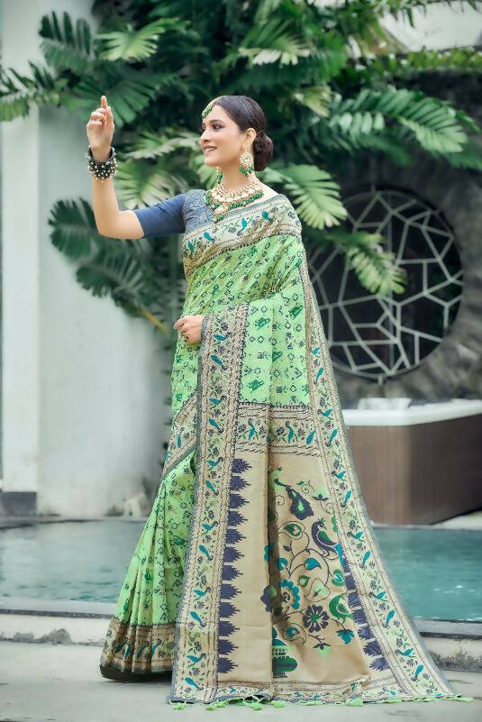 Vishnu Weaves Women's Pista Paithani Patola Silk Zari Woven Saree with Unstitched Blouse - Swadesiicart