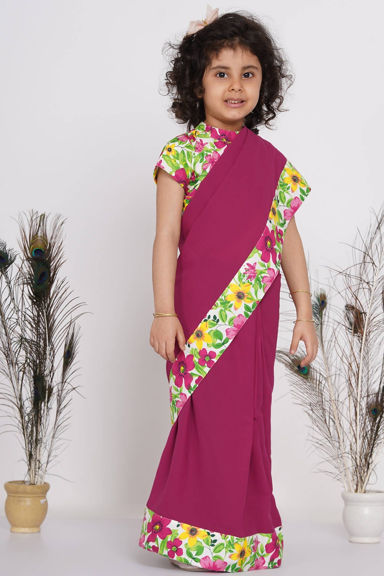 Little Bansi Girls Floral Print Ready to Wear Saree and Floral Blouse - Magenta | Swadesiicart
