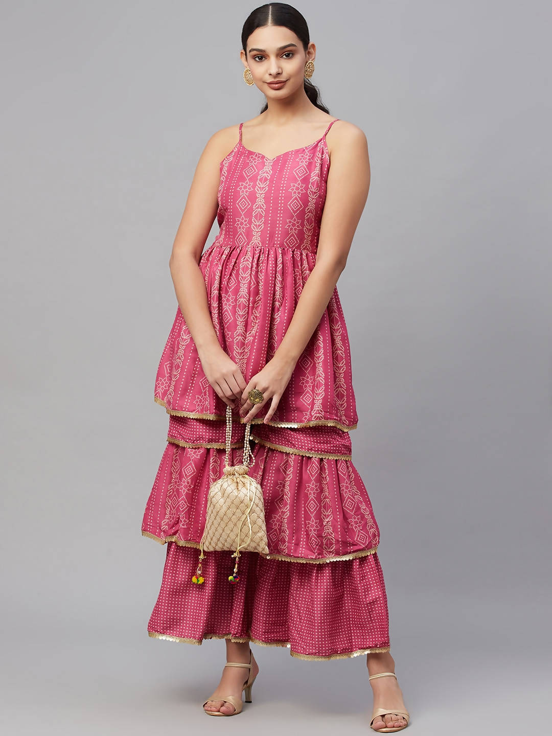 Myshka Pink Printed Sleeveless V Kurti Sharara Set | Swadesiicart