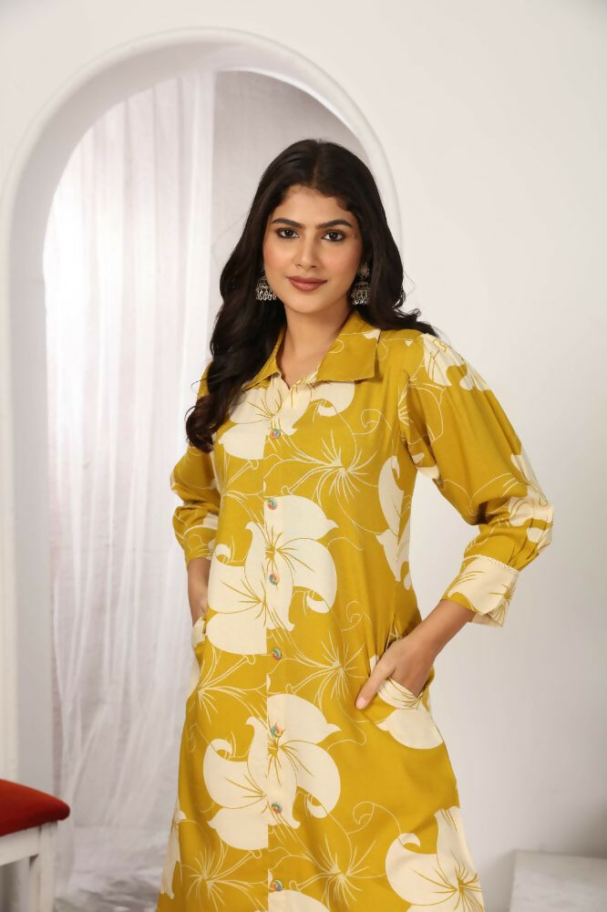 Jyoti Fashion Women's Mustard Rayon Floral Print with Side Pocket Kurtis & Sets | Swadesiicart