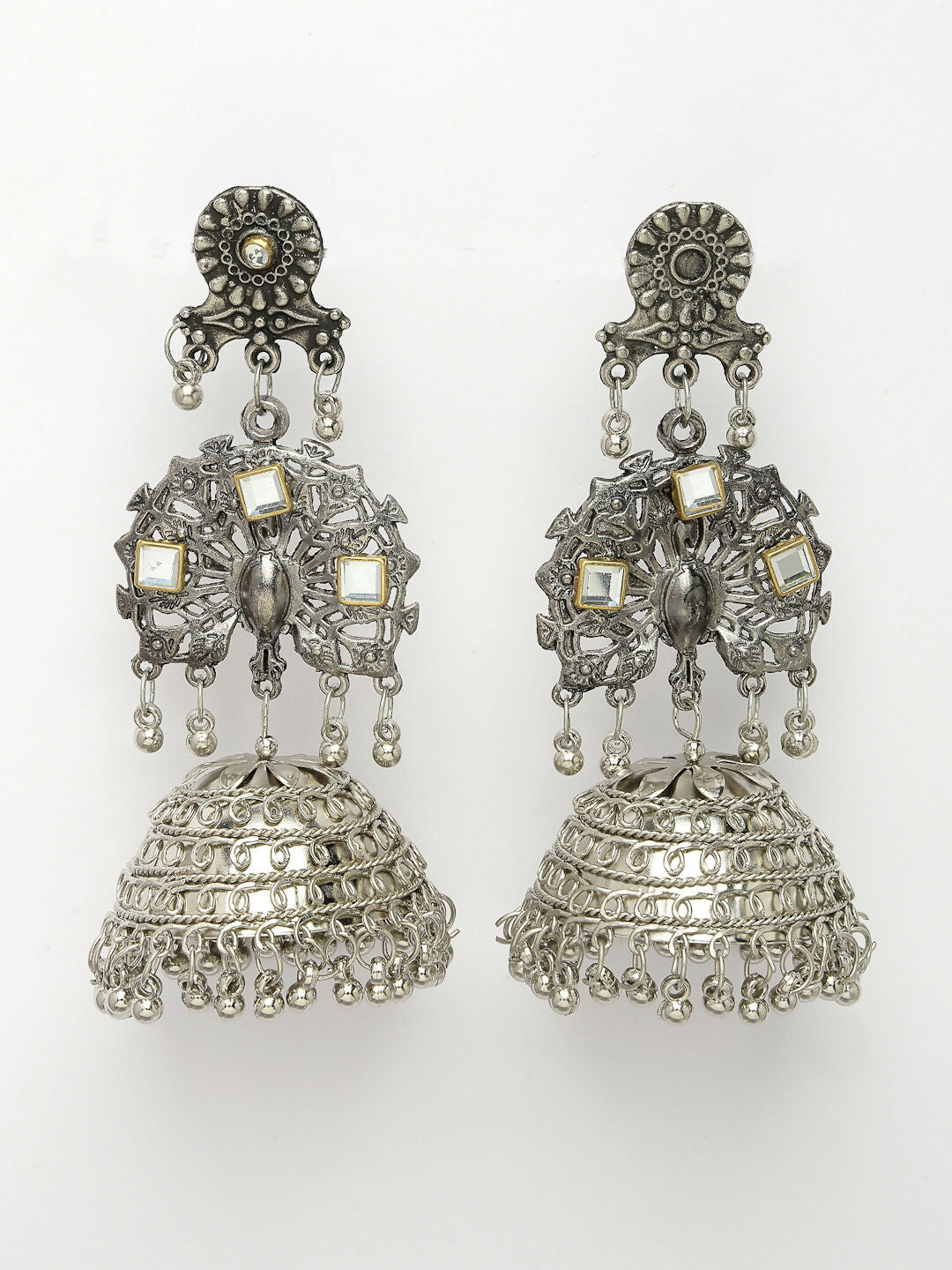 NVR Women's Silver Plated Mirror Work Oxidised Contemporary Jhumka Earrings | Swadesiicart