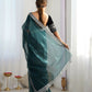 Attrctive Looking Gold Jari, Sequance Embroidery Work Twill Net Party Wear Saree - Rama