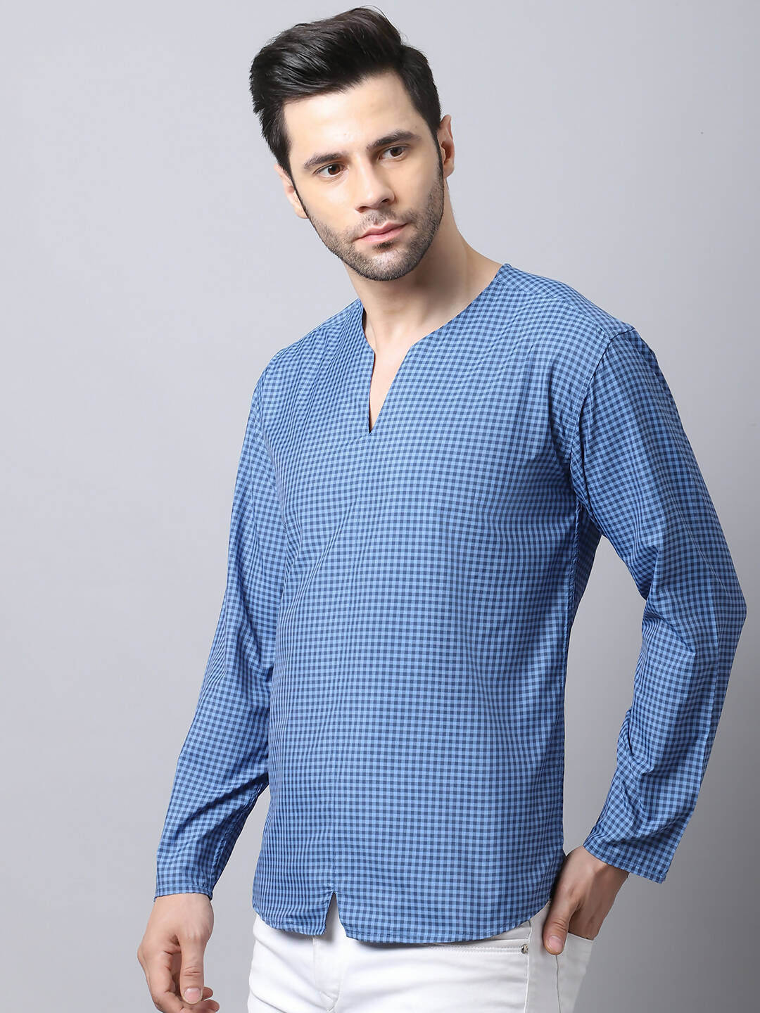 Even Apparels Blue Checked Men's Kurta With Band Collar | Swadesiicart