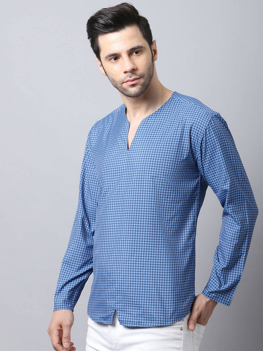 Even Apparels Blue Checked Men's Kurta With Band Collar | Swadesiicart