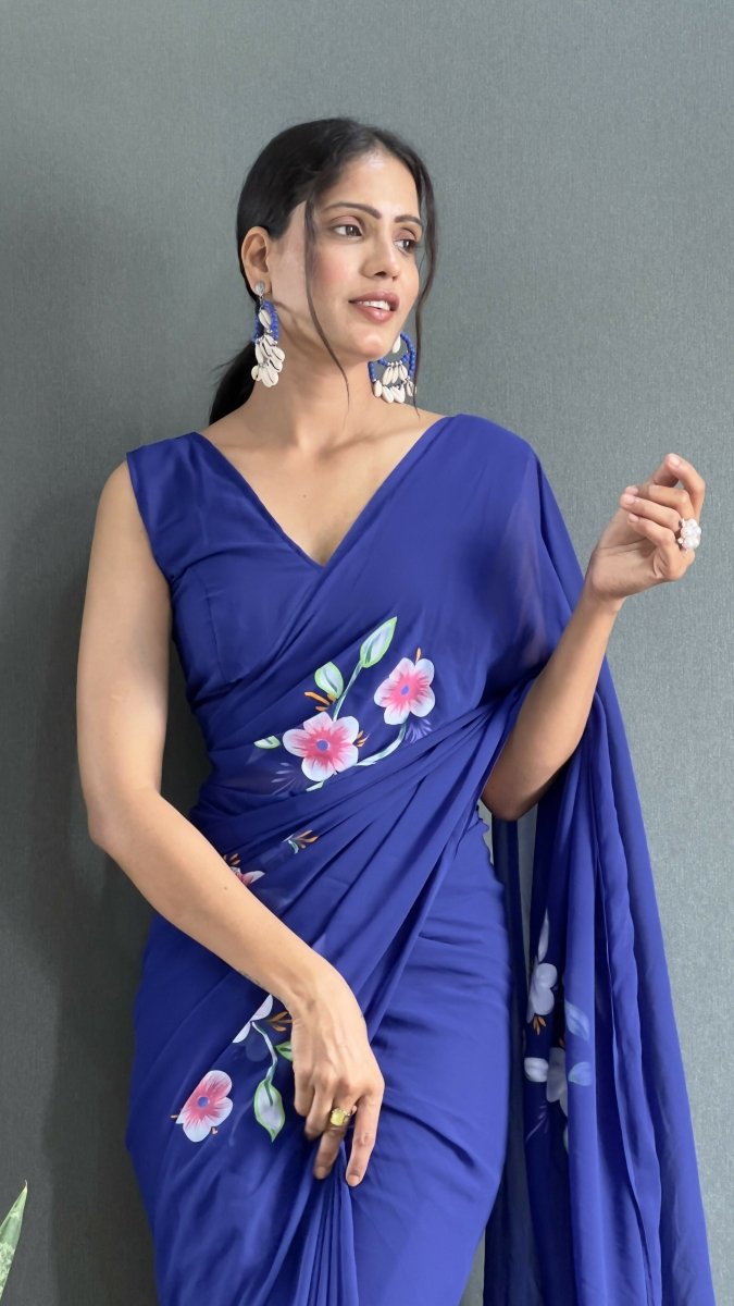 Aayaa Designer 1 min Hand Painted Ready to Wear saree - Navy Blue | Swadesiicart