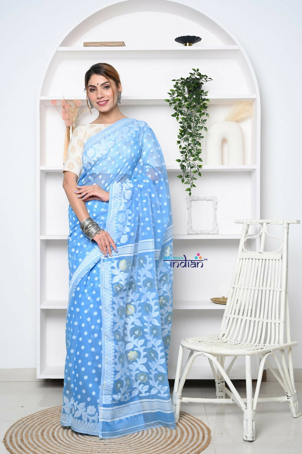 Very Much Indian Jamdhani Cotton Saree - Powder Blue | Swadesiicart