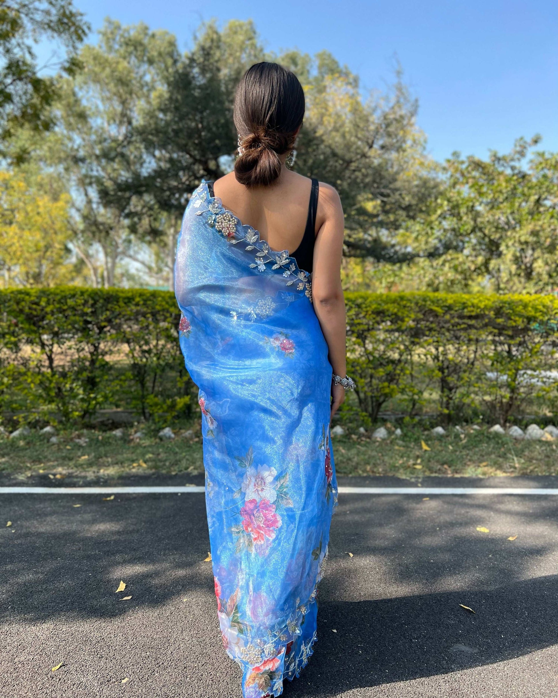 Vamsee Sia Blue Organza Saree - Swadesiicart