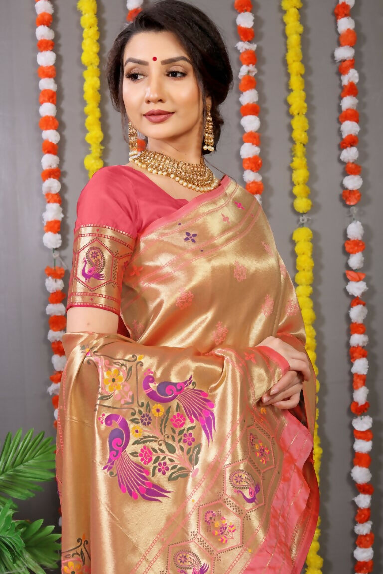 Jyoti Fashion Women's Peach Paithani Silk Zari Woven Saree with Blouse | Swadesiicart