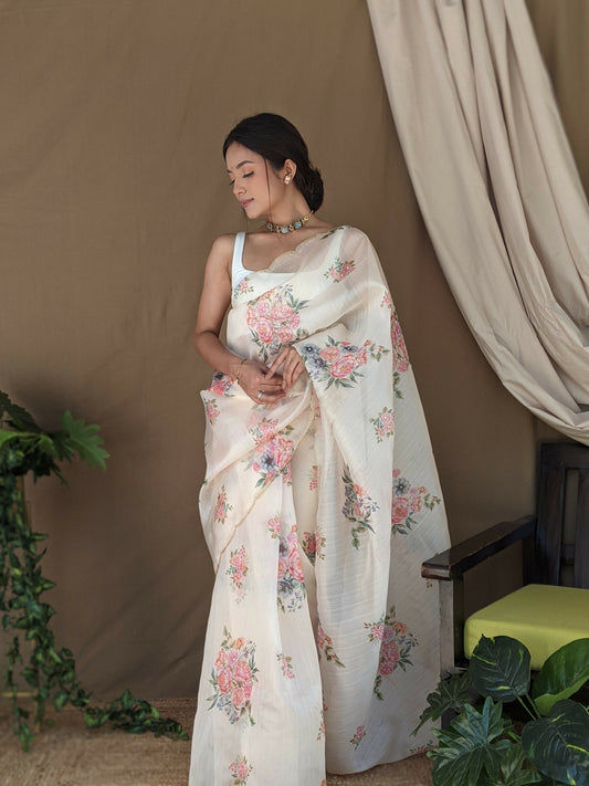 Vamsee Khadi Khatali Cream Khadi Organza Saree - Swadesiicart