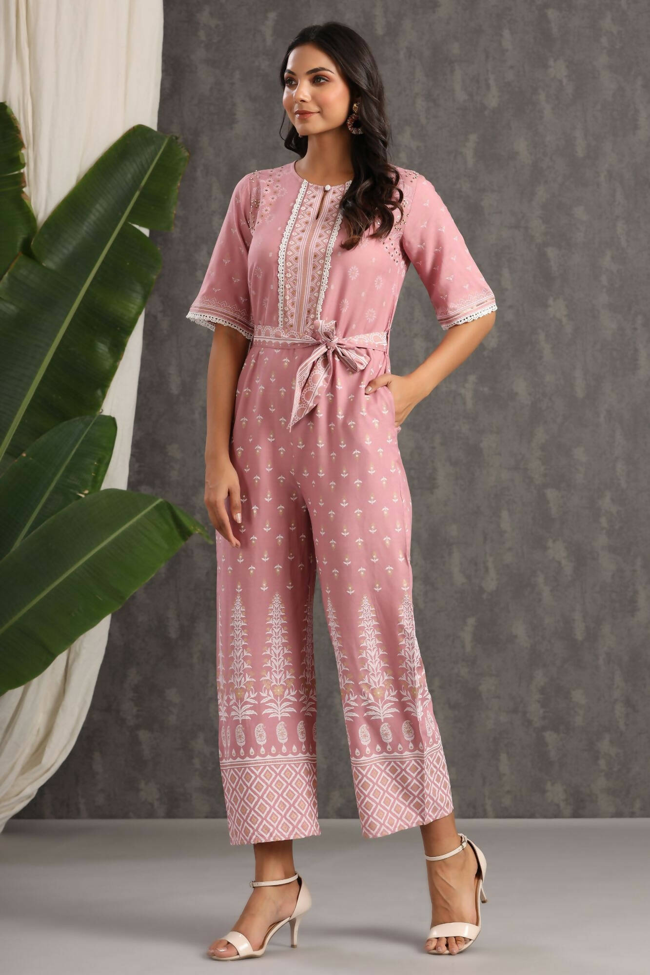 Juniper Women Onionpink Rayon Printed Straight Jumpsuit - Swadesiicart