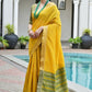 Vishnu Weaves Women's Yellow Raw Silk Patola Zari Woven Saree with Blouse - Swadesiicart
