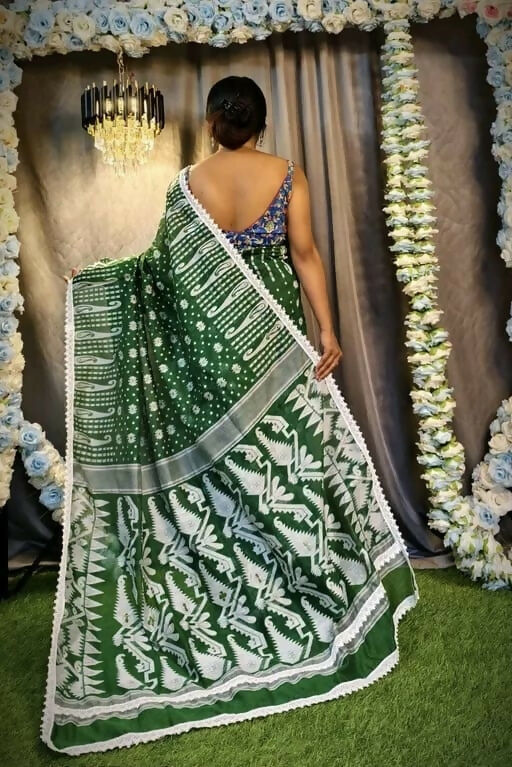 Exclusive Collection Beautiful Dark Green Jaal Jamdani Saree - Swadesiicart