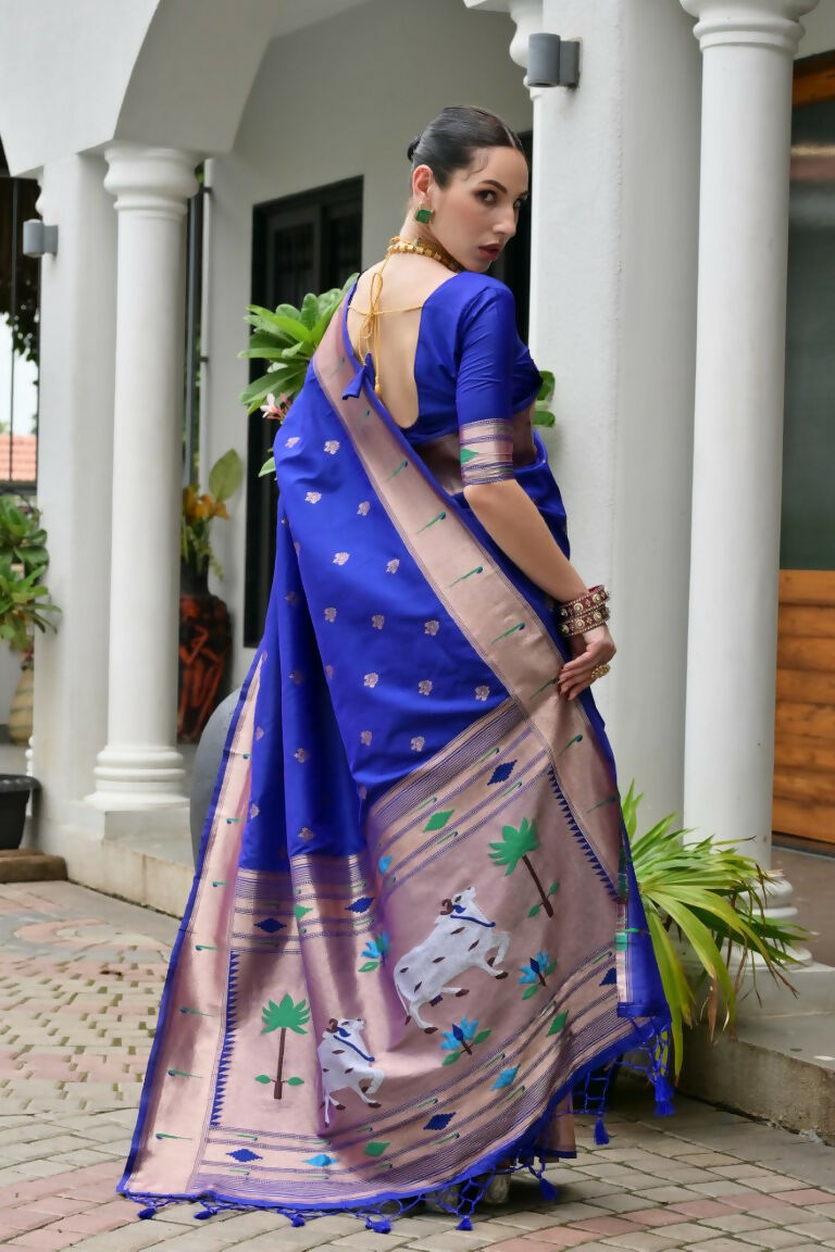 Vishnu Weaves Women's Royal Paithani Silk Zari Woven Saree with Blouse - Swadesiicart