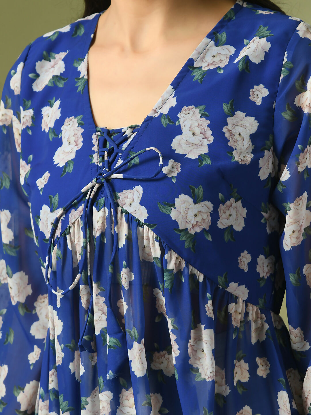 Myshka Women's Blue Printed Georgette A-Line Nyra-cut Kurta - Swadesiicart