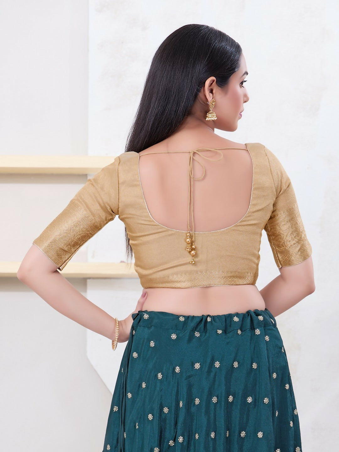 Joban Fashion Light-Gold Brocade Elbow Sleeveless Front Open Blouse - Swadesiicart