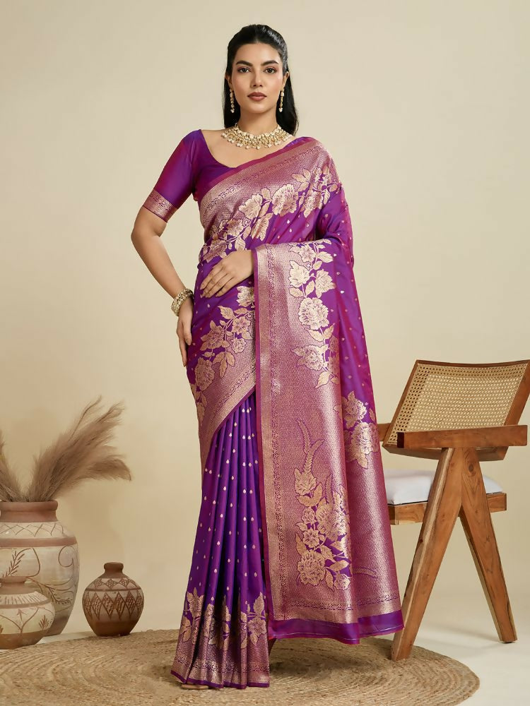 Vishnu Weaves Women's Purple Banarasi Silk Zari Woven Saree with Blouse - Swadesiicart