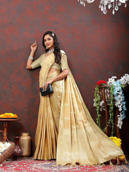 Lorenvalley Fashion Cream Cotton Woven Design with Zari Weaving Design Saree - Swadesiicart
