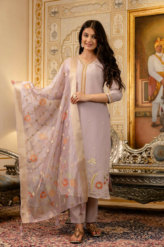 The52 Lavender Women's Beautiful Viscose Shimmer Fabric Embroidered Work Straight Kurta Pant and Dupatta Set - Swadesiicart