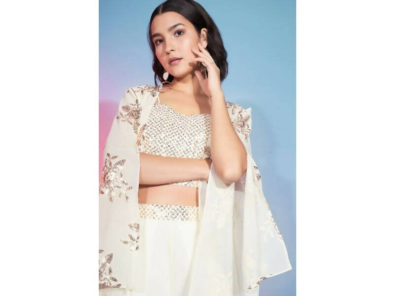 Off White Georgette Sequence With Thread Designer Co-Ord Set - Flory - Swadesiicart