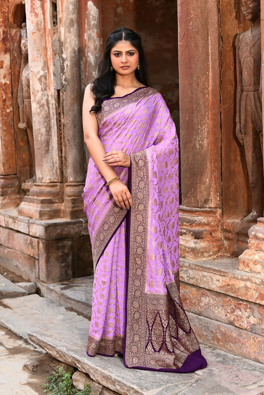 Joban Fashion Lavender Crepe Chiffon Pure Handloom Banarasi Silk Saree | Swadesiicart