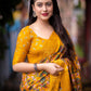 Mustard Slub Silk Printed Saree with Unstitched Blouse - Hiral Fashion | Swadesiicart