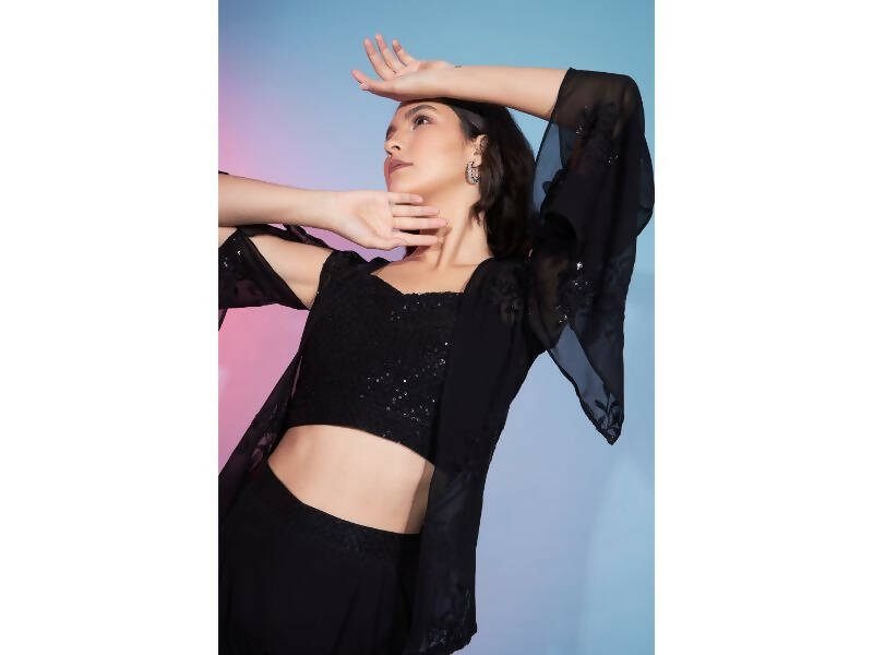 Black Georgette Sequence With Thread Designer Co-Ord Set - Flory - Swadesiicart