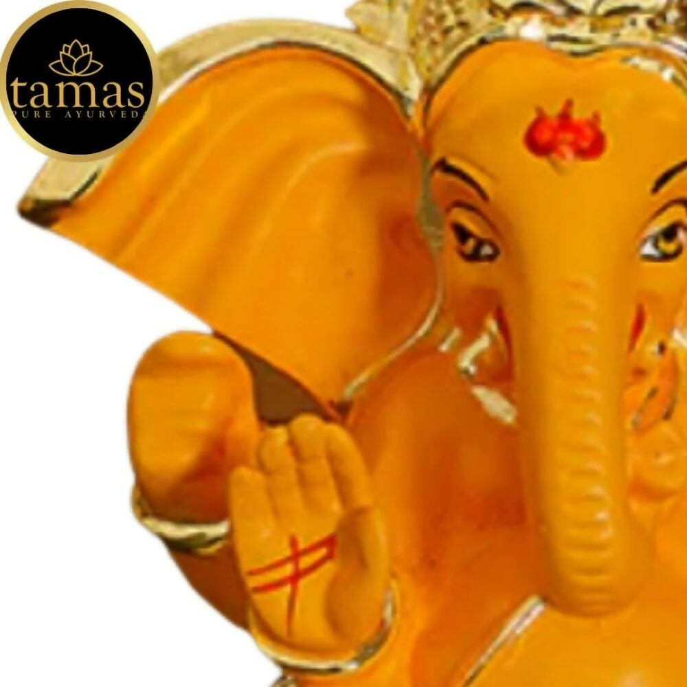 Tamas Gaj Karna Ganesh Idol | Orange & Gold | Brass Pooja Decor - Swadesiicart