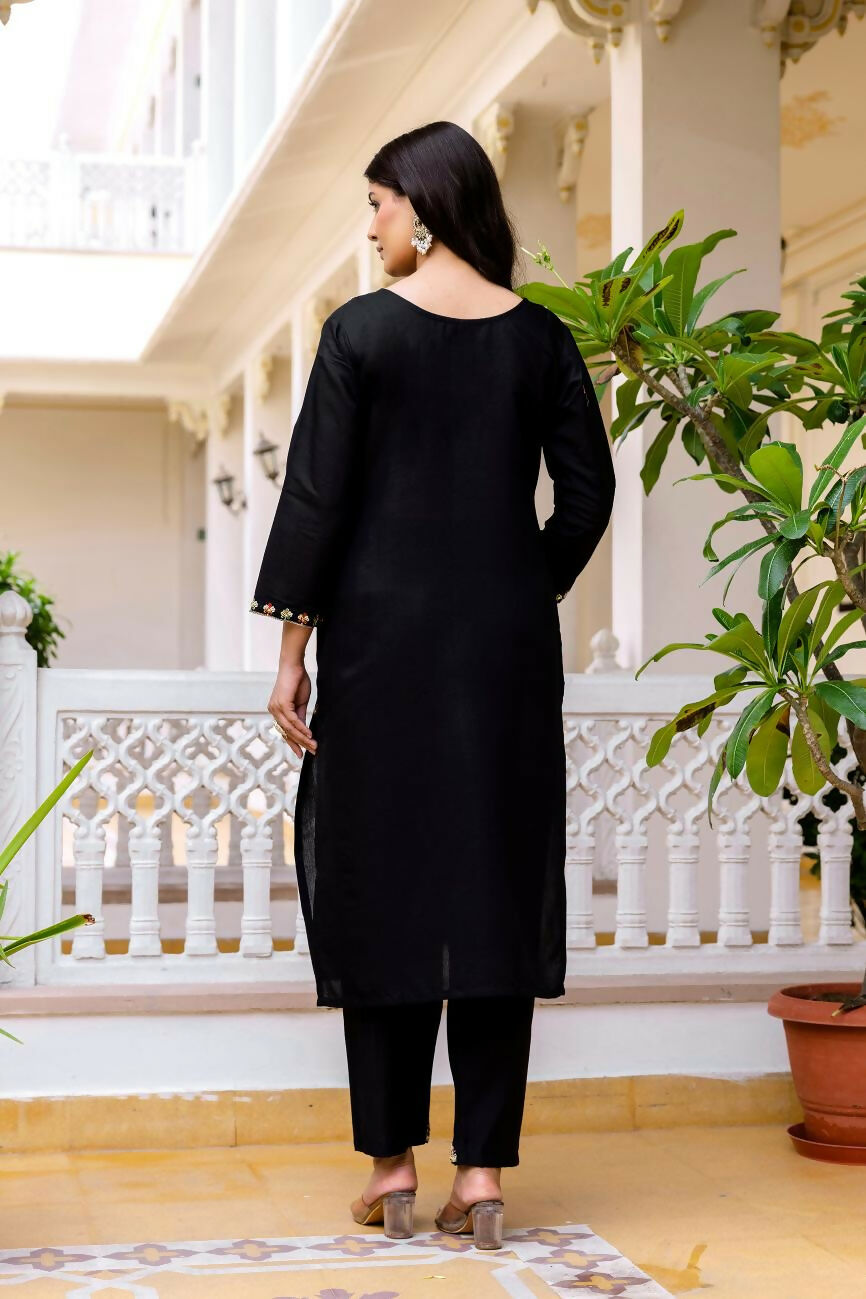 The52 Black Women's Beautiful Viscose Chanderi Fabric Embroidered Work Straight Kurta Pant and Dupatta Set - Swadesiicart