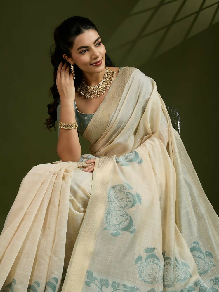 Vishnu Weaves Women's Green Muga Cotton Thread Woven Saree with Blouse - Swadesiicart