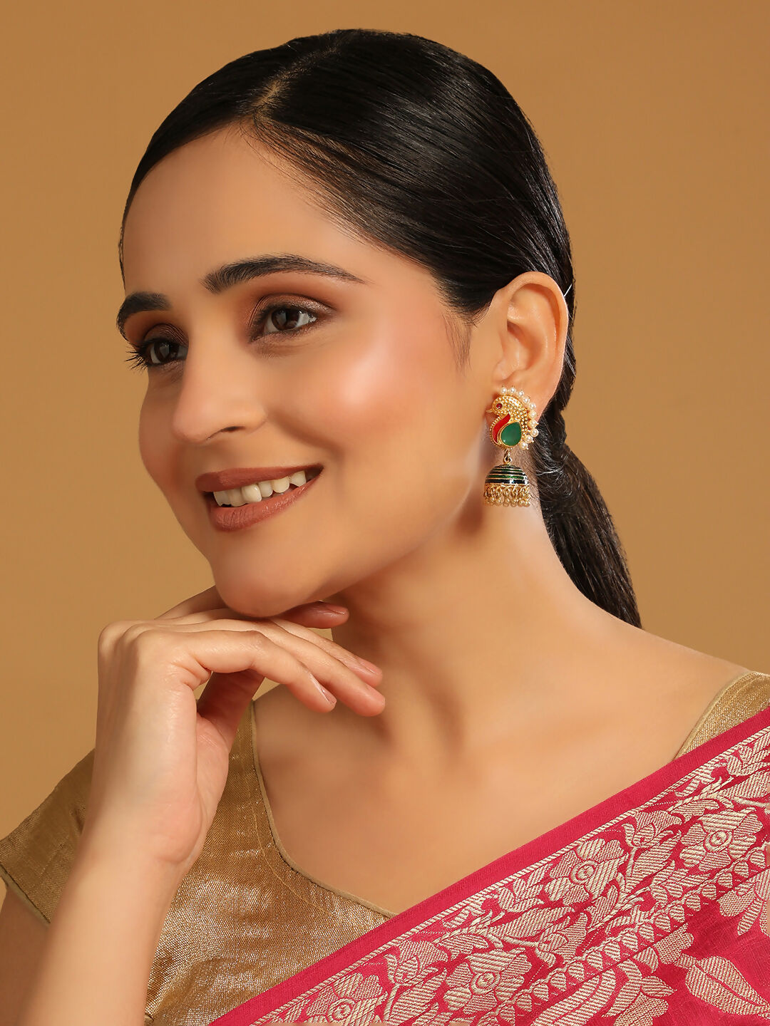 Nuyug 22K Gold Plated Pearls Studded Contemporary Shaped Enamel Jhumkas | Swadesiicart