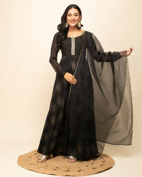 FIORRA Women's Black Georgette Flared Kurta With Dupatta - Swadesiicart