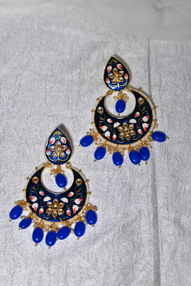 Gold-Polished Brass & Pearl Dangle Women Royal Blue Hand Painted Meenakari Chandbali Earrings By House of Ree | Swadesiicart