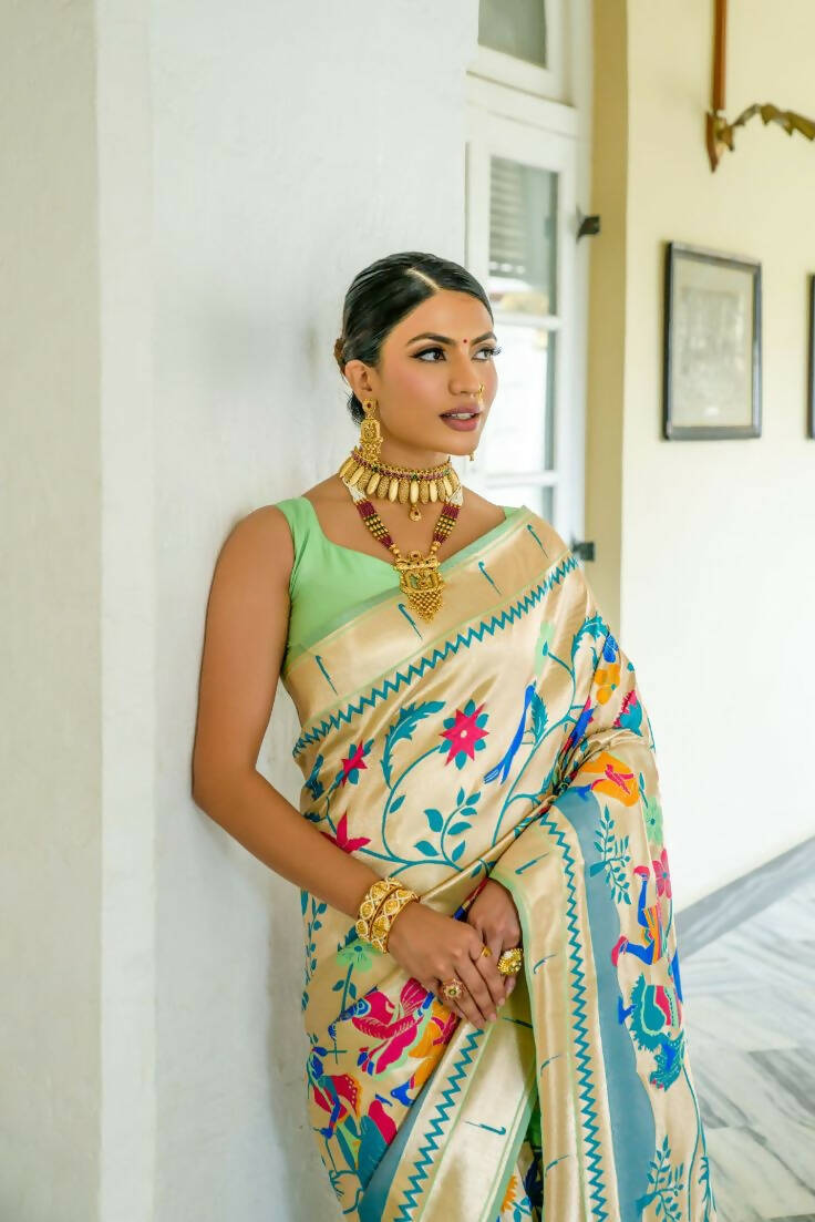 Vishnu Weaves Women's Pista Paithani Silk Zari Woven Saree with Unstitched Blouse - Swadesiicart