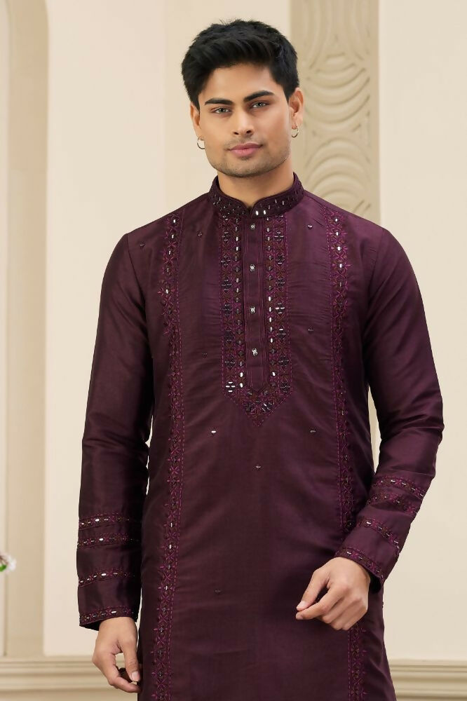 Raivat Ethnic Banarasi Art Silk Thread and Mirror Work Kurta Pajama In Wine Colour | Swadesiicart