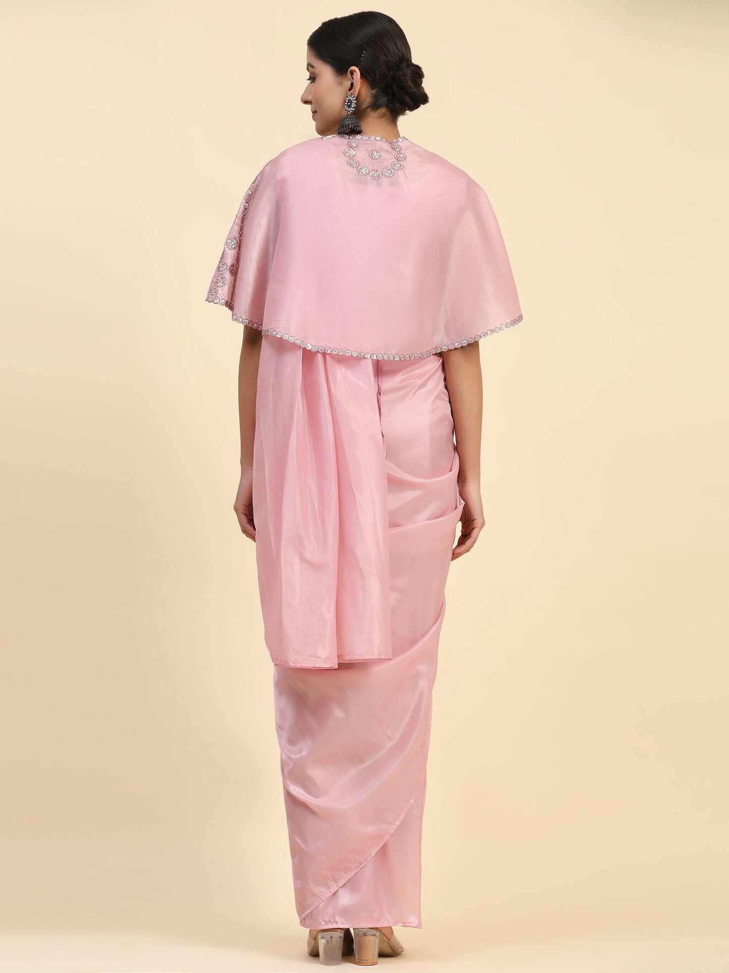 Pink Satin Solid Ready to wear Saree with stitched Blouse - Vanita | Swadesiicart