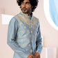 A Powder Blue Floral Hand Embroidered Nehru Jacket by Hilo Design