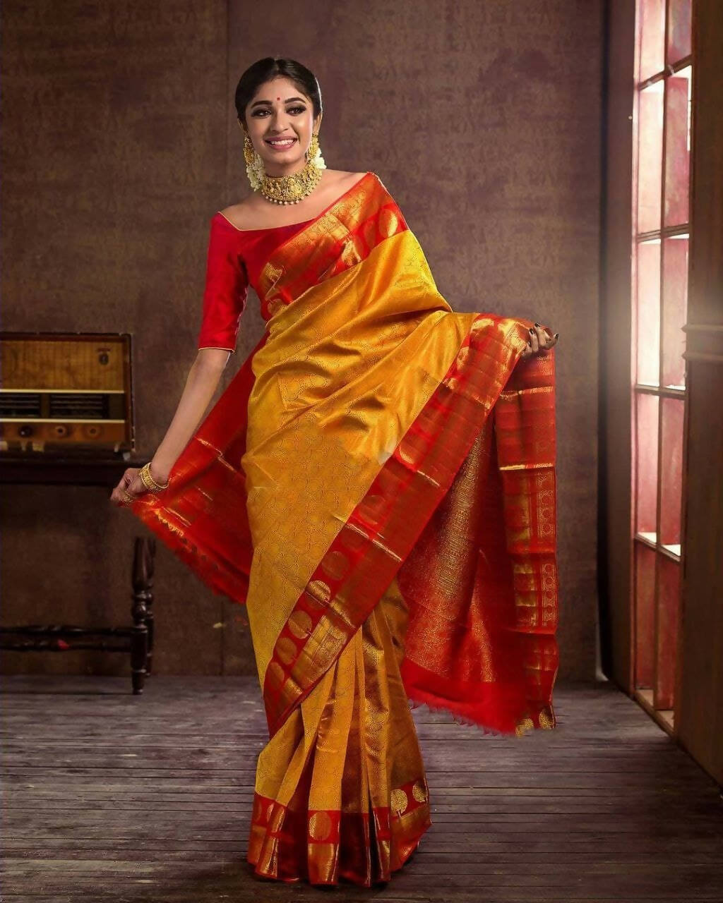 DEIANA'S Beautiful Designer Golden zari Soft Lichi Silk Saree - Yellow - Swadesiicart
